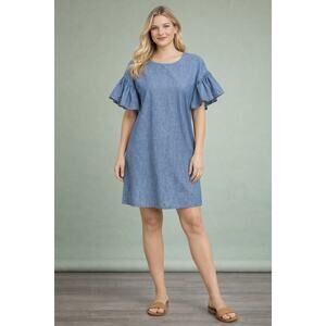 Maison Labiche Chambray Ruffle Sleeve Cotton Mini Dress Womens Size Small